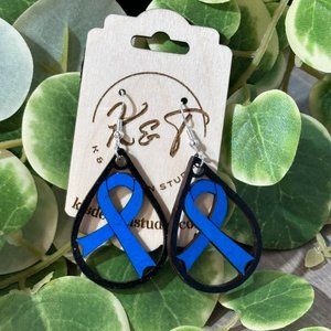 Wood Colon Cancer dangle earrings - Cancer Awareness  Ribbon Earrings - Gift for